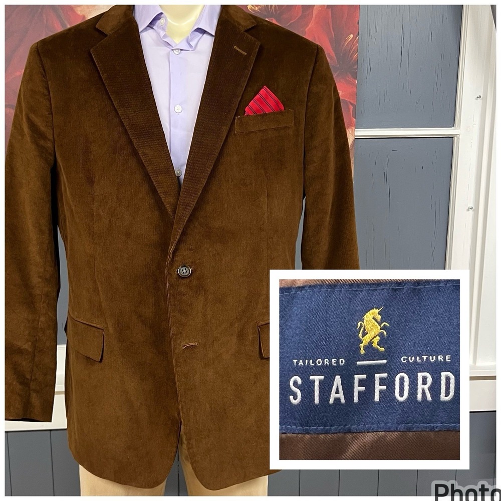 Stafford Corduroy Blazer Jacket Sport Coat Mens 48R Classic Cotton Stretch Brown